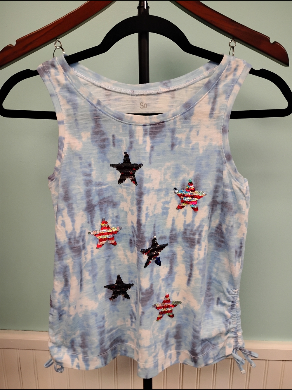 So Girls Light Blue Tie-Dye Sequin Star Tank Top